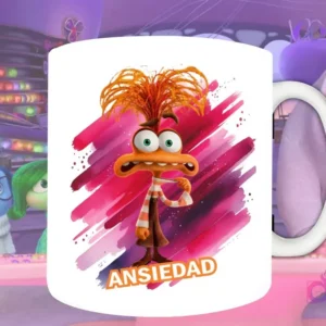 Plantilla de sublimación para taza con Ansiedad de Intensamente 2, diseño PNG del personaje naranja inquieto con fondo artístico rosa y rojo.