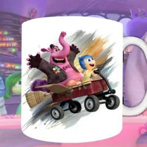 Plantilla de sublimación para taza con Bing Bong y Alegría en un vagón de Intensamente 2, diseño PNG con fondo artístico azul y dorado.
