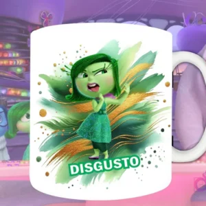 Plantilla de sublimación para taza con Disgusto de Intensamente 2, diseño PNG verde con expresión de asco y fondo artístico verde y dorado.