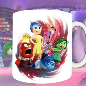 Plantilla de sublimación para taza con Alegría, Furia, Disgusto, Temor y Tristeza de Intensamente 2, diseño PNG de las emociones principales juntas con fondo artístico rojo y brillante.