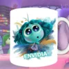 Plantilla de sublimación para taza con Envidia de Intensamente 2, diseño PNG con ojos grandes y brillo artístico azul y dorado.