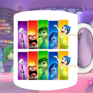 Plantilla de sublimación para taza con un collage de franjas verticales de Alegría, Tristeza, Furia, Disgusto y Temor de Intensamente 2, diseño PNG para tazas.