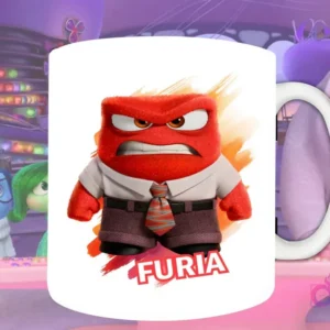 Plantilla de sublimación para taza con Furia de Intensamente 2, diseño PNG rojo con expresión de enojo y fondo artístico naranja y rojo.