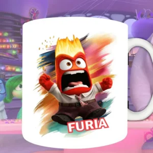 Plantilla de sublimación para taza con Furia de Intensamente 2, diseño PNG rojo gritando con la boca abierta y fondo artístico naranja y azul.