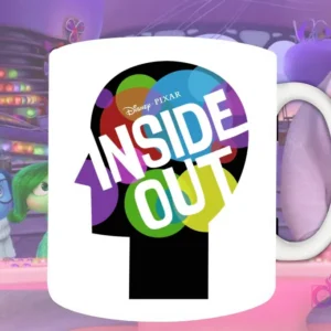 Plantilla de sublimación para taza con el logo de Disney Pixar Intensamente (Inside Out) con silueta de cabeza y círculos de colores, diseño PNG.