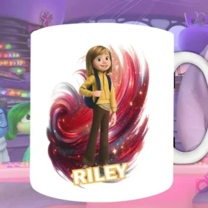 Plantilla de sublimación para taza con Riley de Intensamente 2, diseño PNG de la adolescente con mochila y fondo artístico rojo y brillante.