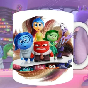 Plantilla de sublimación para taza con las emociones de Intensamente 2 (originales y nuevas) asomándose desde abajo, diseño PNG con fondo artístico brillante.