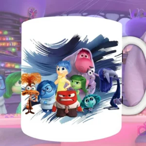 Plantilla de sublimación para taza con las emociones de Intensamente 2 (Alegría, Tristeza, Furia, Disgusto, Temor, Ansiedad, Envidia, Aburrimiento, Vergüenza) juntas, diseño PNG con fondo artístico azul.