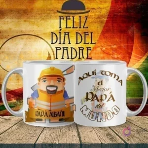 Mockup de taza sublimada Día del Padre con diseño de 'Papá Albañil' con casco y chaleco reflectante, y el texto 'Aquí toma el Mejor Papá del Mundo'.