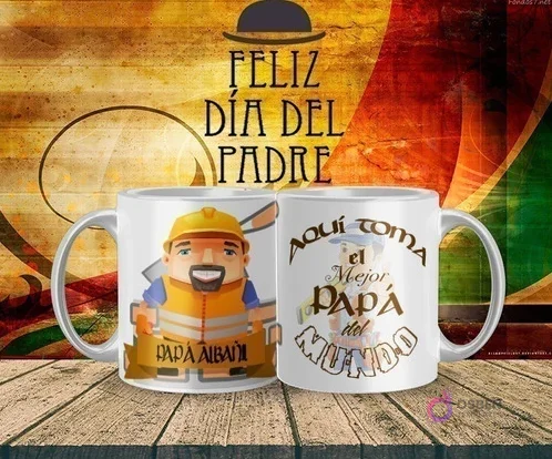 Mockup de taza sublimada Día del Padre con diseño de 'Papá Albañil' con casco y chaleco reflectante, y el texto 'Aquí toma el Mejor Papá del Mundo'. Mockup de taza sublimada Día del Padre con diseño de 'Papá Albañil' con casco y chaleco reflectante, y el texto 'Aquí toma el Mejor Papá del Mundo'.