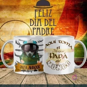 Mockup de taza sublimada Día del Padre con diseño de 'Papá Aviador' con casco de piloto y gafas, y el texto 'Aquí toma el Mejor Papá del Mundo'.
