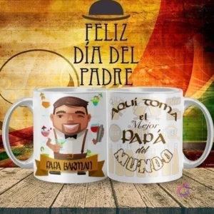 Mockup de taza sublimada Día del Padre con diseño de 'Papá Barman' preparando cócteles, y el texto 'Aquí toma el Mejor Papá del Mundo'.