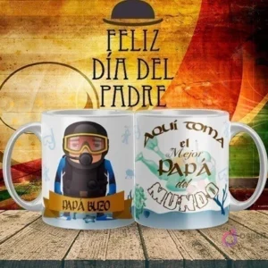 Mockup de taza sublimada Día del Padre con diseño de 'Papá Buzo' con traje de neopreno y equipo de buceo, y el texto 'Aquí toma el Mejor Papá del Mundo'.