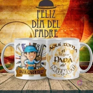 Mockup de taza sublimada Día del Padre con diseño de 'Papá Carpintero' con herramientas y gorra, y el texto 'Aquí toma el Mejor Papá del Mundo'.