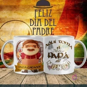 Mockup de taza sublimada Día del Padre con diseño de 'Papá Catador' disfrutando de un vino, y el texto 'Aquí toma el Mejor Papá del Mundo'.