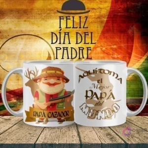 Mockup de taza sublimada Día del Padre con diseño de 'Papá Cazador' con rifle y ciervo, y el texto 'Aquí toma el Mejor Papá del Mundo'.