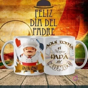 Mockup de taza sublimada Día del Padre con diseño de 'Papá Chef' con gorro y utensilios de cocina, y el texto 'Aquí toma el Mejor Papá del Mundo'.