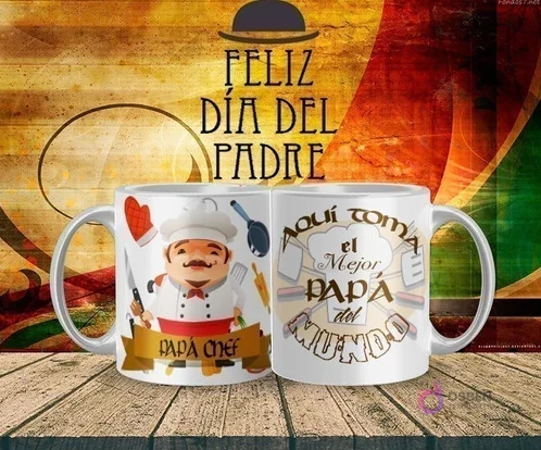 Mockup de taza sublimada Día del Padre con diseño de 'Papá Chef' con gorro y utensilios de cocina, y el texto 'Aquí toma el Mejor Papá del Mundo'. Mockup de taza sublimada Día del Padre con diseño de 'Papá Chef' con gorro y utensilios de cocina, y el texto 'Aquí toma el Mejor Papá del Mundo'.