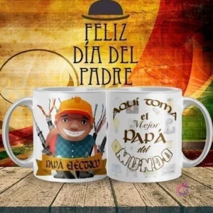 Mockup de taza sublimada Día del Padre con diseño de 'Papá Eléctrico' rodeado de cables y herramientas, y el texto 'Aquí toma el Mejor Papá del Mundo'.
