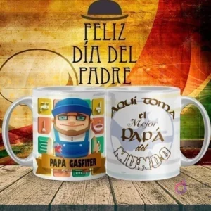Mockup de taza sublimada Día del Padre con diseño de 'Papá Gasfiter' con herramientas de fontanería, y el texto 'Aquí toma el Mejor Papá del Mundo'.