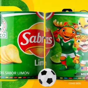 Par de tazas blancas sublimadas con diseños de Sabritas Limón y las mascotas del Mundial 2026, con un fondo amarillo que simula un campo de fútbol y una pelota en primer plano