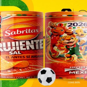 Par de tazas blancas sublimadas con diseños de Sabritas Crujiente Sal y las mascotas del Mundial 2026, con un fondo amarillo que simula un campo de fútbol
