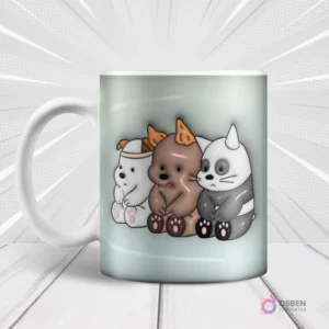 Mug blanco con diseño de sublimación de los tres osos de We Bare Bears sentados uno junto al otro: Pardo, Panda y Polar.
