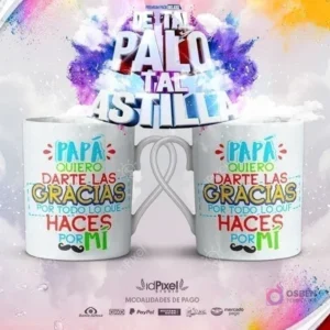 Par de tazas blancas sublimadas para el Día del Padre con frase 'Papá quiero darte las gracias' y 'Tal Palo Tal Astilla' al fondo, promocionando plantillas PNG para sublimación.