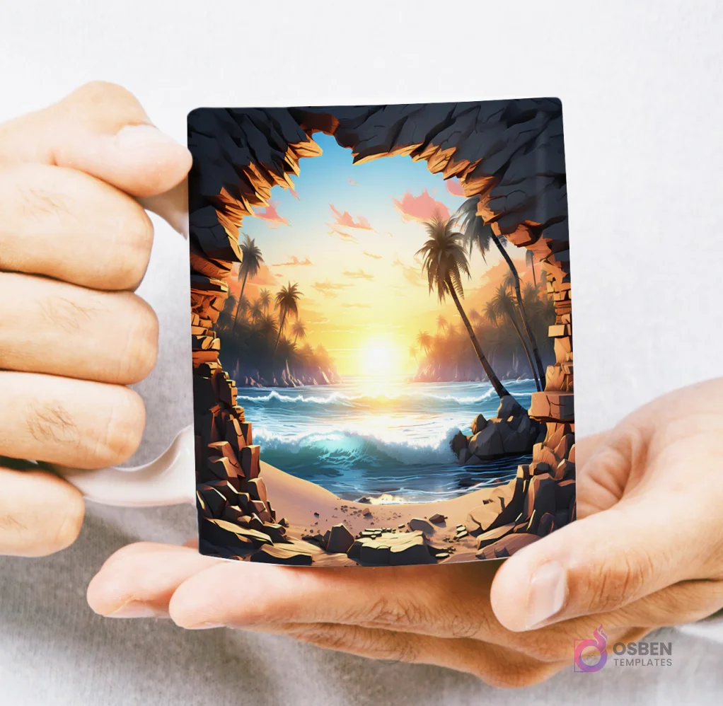 Mug con diseño 3D de un dramático atardecer sobre el océano con olas rompiendo en una playa de arena y palmeras, enmarcado por rocas, sostenido por manos. Mug con diseño 3D de un dramático atardecer sobre el océano con olas rompiendo en una playa de arena y palmeras, enmarcado por rocas, sostenido por manos.