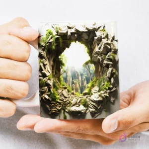 Mug con diseño 3D de furgoneta camper estacionada en una playa de montaña con olas del océano al atardecer, sostenido por manos.