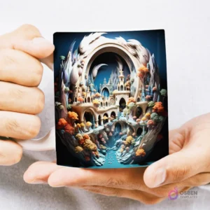 Mug con diseño 3D de paisaje fantástico con montañas, cascada y flores de cerezo rosas, dentro de un marco circular, sostenido por manos.