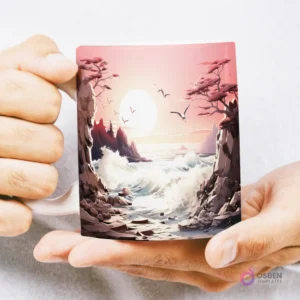 Mug con diseño 3D de costa rocosa con olas rompientes y un atardecer rosado, aves volando sobre el mar, sostenido por manos.