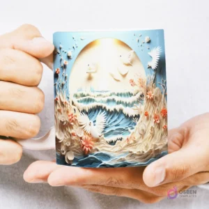 Mug con diseño 3D de un exuberante valle selvático con ruinas antiguas y un río bajo un arco bañado por el sol, sostenido por manos.