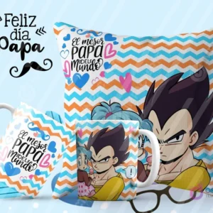 Tazas y cojín de sublimación con zigzags y corazones, diseño de Vegeta y Bulma con la frase 'El mejor papá del mundo'.
