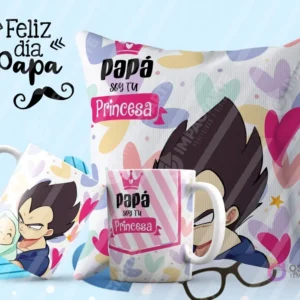 Tazas y cojín de sublimación con patrones de corazones y rayas rosas, diseño de Vegeta con su hija princesa y la frase 'Papá soy tu princesa'.