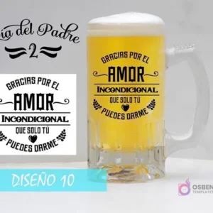 Plantilla para sublimar shoperos con mensaje emotivo 'GRACIAS POR EL AMOR INCONDICIONAL QUE SOLO TÚ PUEDES DARME'. Incluye mockup de jarra con corazón y hojas.