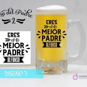 Plantilla para sublimar jarras con diseño de flecha, explosión de texto y el mensaje personalizable 'ERES el MEJOR PADRE ALFONSO'. Incluye mockup de chopero.