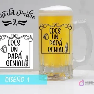 Plantilla digital para sublimar shoperos con diseño de marco ornamental, iconos de jarras y botellas de cerveza y el texto 'ERES UN PAPÁ GENIAL'. Mockup de jarra.