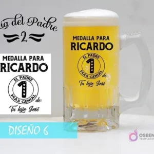 Plantilla para sublimar shoperos Día del Padre con diseño de medalla de honor y texto personalizable 'MEDALLA PARA RICARDO EL PADRE MÁS GENIAL'. Mockup.