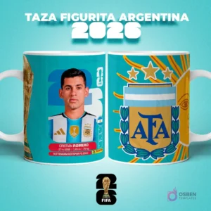 Taza sublimada con figurita del jugador Cristian Romero de Argentina para el Mundial 2026, con escudo de AFA