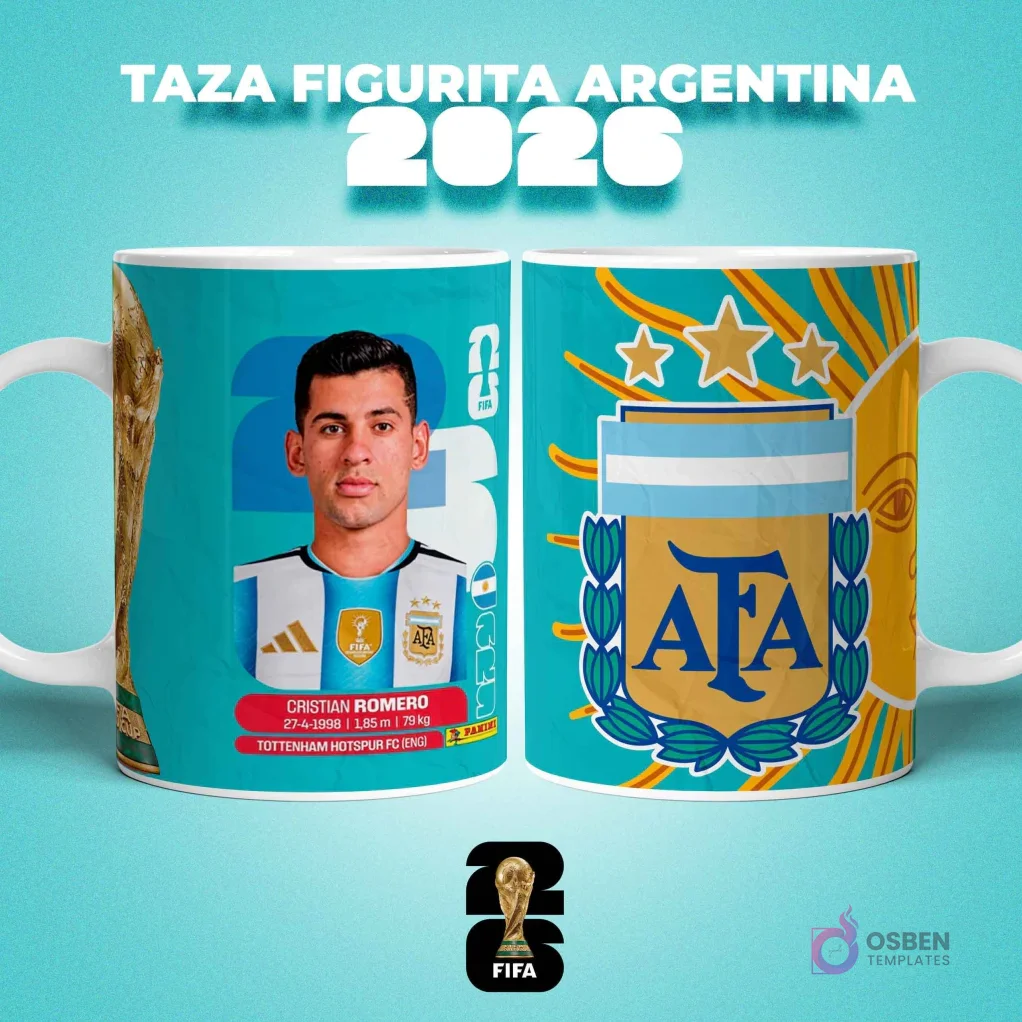 Taza sublimada con figurita del jugador Cristian Romero de Argentina para el Mundial 2026, con escudo de AFA Taza sublimada con figurita del jugador Cristian Romero de Argentina para el Mundial 2026, con escudo de AFA