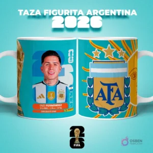 Taza sublimada con figurita del jugador Enzo Fernández de Argentina para el Mundial 2026, con escudo de AFA