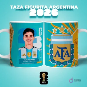 Taza sublimada con figurita del jugador Julián Álvarez de Argentina para el Mundial 2026, con escudo de AFA