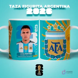 Taza sublimada con figurita del jugador Lautaro Martínez de Argentina para el Mundial 2026, con escudo de AFA