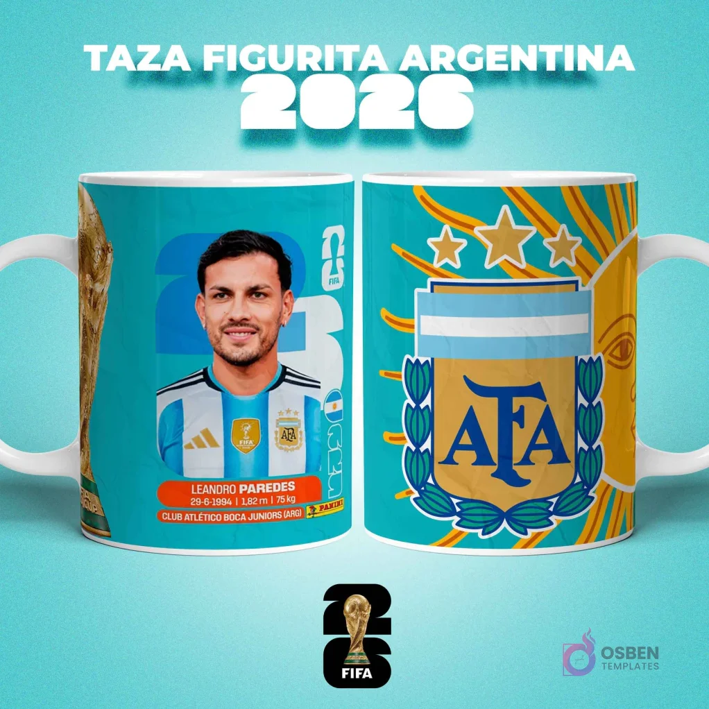Taza sublimada con figurita del jugador Leandro Paredes de Argentina para el Mundial 2026, con escudo de AFA Taza sublimada con figurita del jugador Leandro Paredes de Argentina para el Mundial 2026, con escudo de AFA