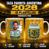 Taza sublimada con figurita de Lionel Messi Argentina 2026 y escudo AFA, con banner '10 Plantillas Formato PNG'