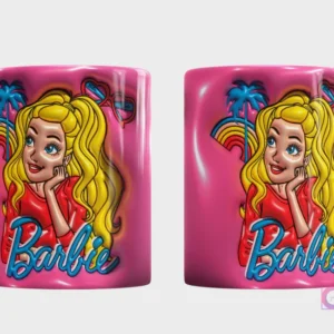 Plantilla 3D de taza con la muñeca Barbie, fondo rosa vibrante texturizado con elementos tropicales y arcoíris, vista frontal de Barbie y trasera con su nombre.