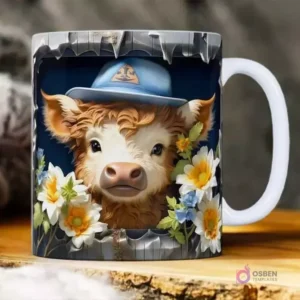 Plantilla 3D de becerro con gorro azul y flores blancas y azules para taza de sublimación.