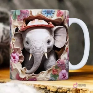 Plantilla 3D de elefante bebé con sombrero de lunares rosa y flores coloridas para taza de sublimación.