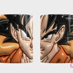 Plantilla 3D de taza con el personaje Goku de Dragon Ball, estilo anime, fondo naranja texturizado, vistas frontal y trasera del rostro del Saiyajin.